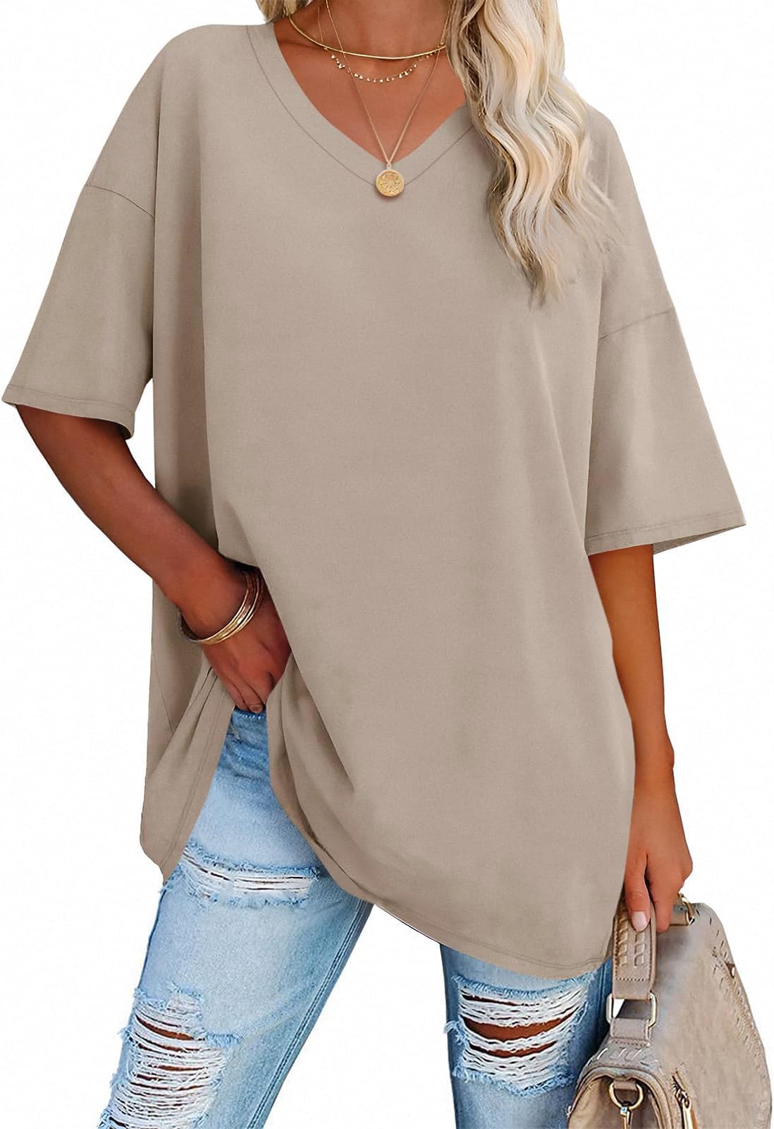 Womens Oversized Tshirts V Neck Tee Shirts Half Sleeve Loose Fit T Shirt Cotton Tunic Tops 2025