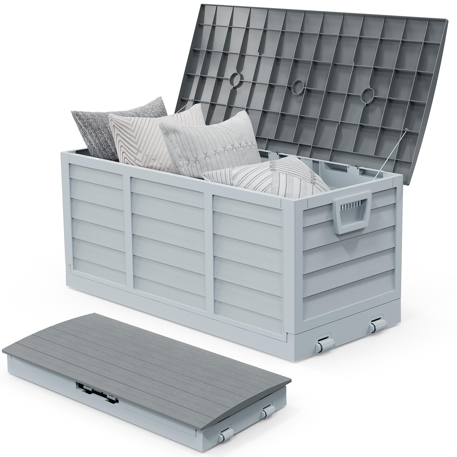VINGLI 75 Gallon Collapsible Outdoor Storage Box, Simple-to-assemble Plastic Storage Containers with Lid, Patio Deck Box Furniture for Garden, Pool, Balcony, Yard (Grey)