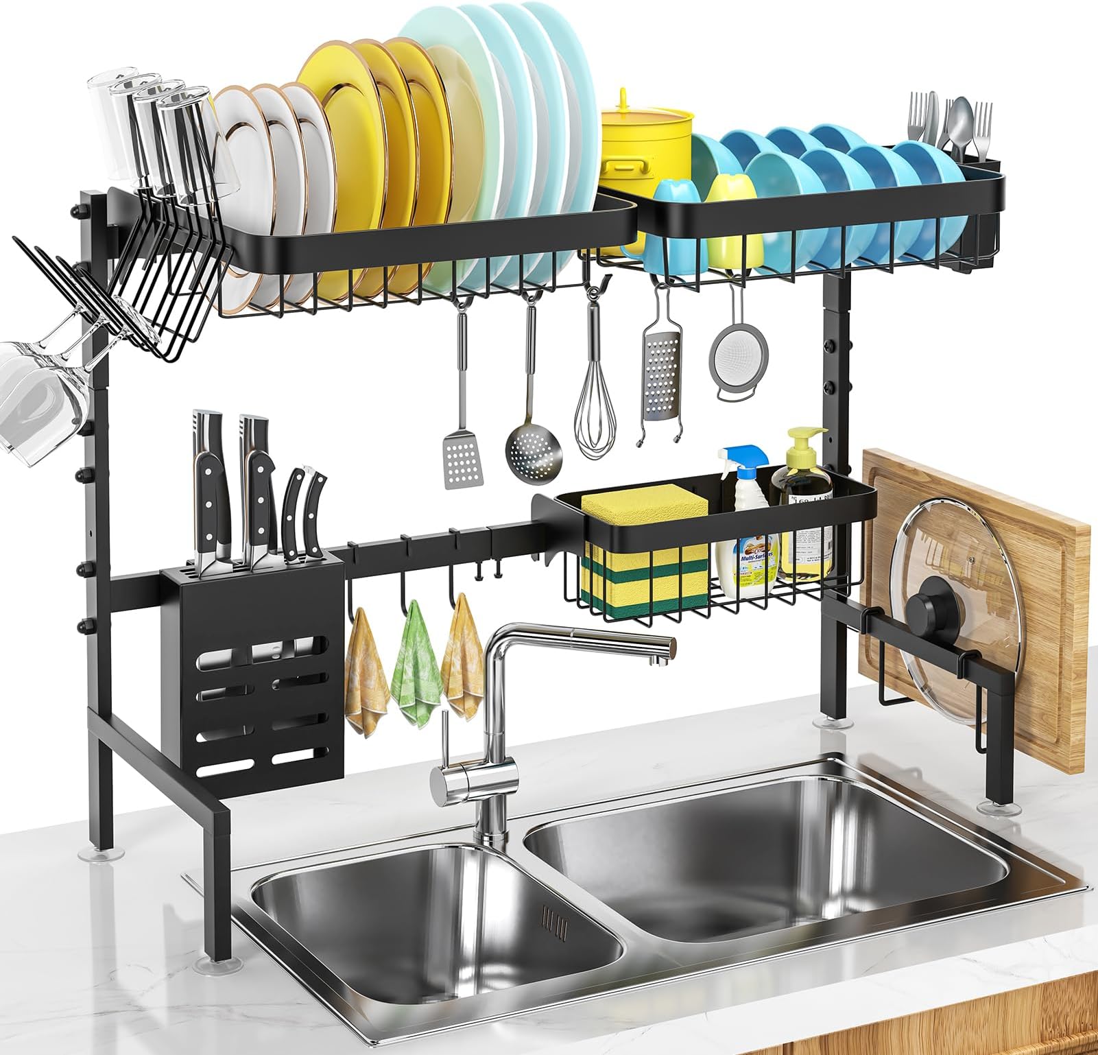 MERRYBOX Over The Sink Dish Drying Rack, 2-Tier Adjustable Length (25.6-33.5in), Stainless Steel Dish Drainer with Cutting Board Holder, Large Dish Rack for Kitchen Counter Organizer Space Saver