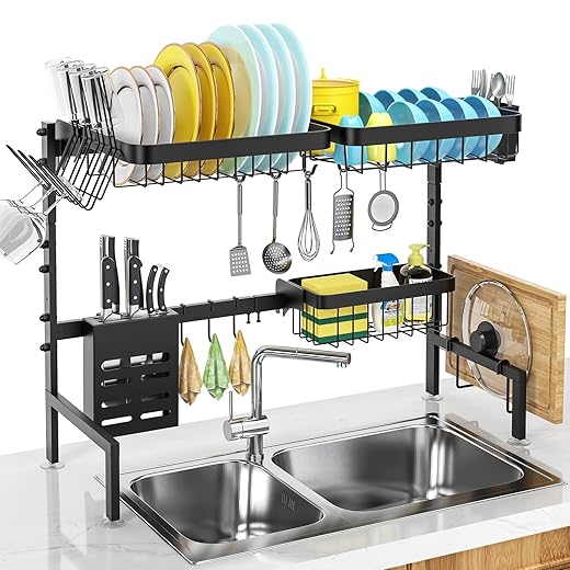 MERRYBOX Over The Sink Dish Drying Rack Adjustable Length (25-33in), 2 Tier Dish Rack Over Sink with Multiple Baskets Utensil Holder Cup Holder, Full Set Large Dish Rack for Kitchen Sink Organizer