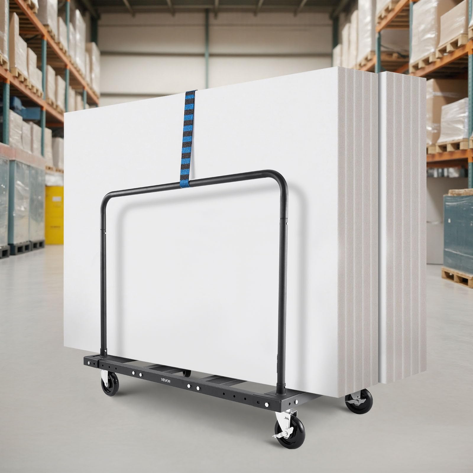 VEVOR Plattenwagen, 816 kg, Transportwagen mit 12,5 mm Lenkrollen, Plattenroller, Rohrbügelwagen mit Zurrgurt & 2 seitlichen Handläufen, Transporthilfe für Fabrik, Lager, Garage, Schwarz