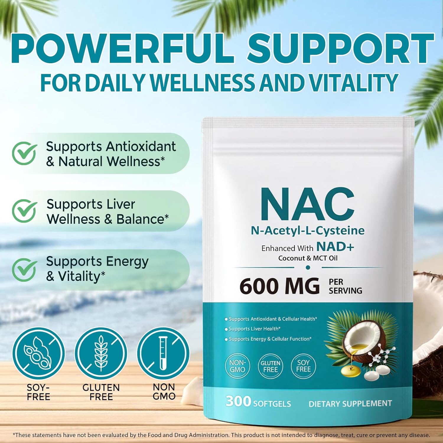 FANSHI NAC Complex with NAD+ & MCT Oil - 300 Softgels | N-Acetyl Cysteine Botanical Blend for Antioxidant Support | Enriched with Coconut Oil for High Absorption | Non-GMO & Lab Tested
