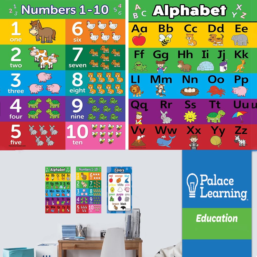 Azonee Alphabet Poster, Kid Educational Charts, 4Pcs Laminated Educational Posters, Preschool Posters for Classroom, Kindergarten Wall Decor, PreK Learning Materials Alphabet Number Chart