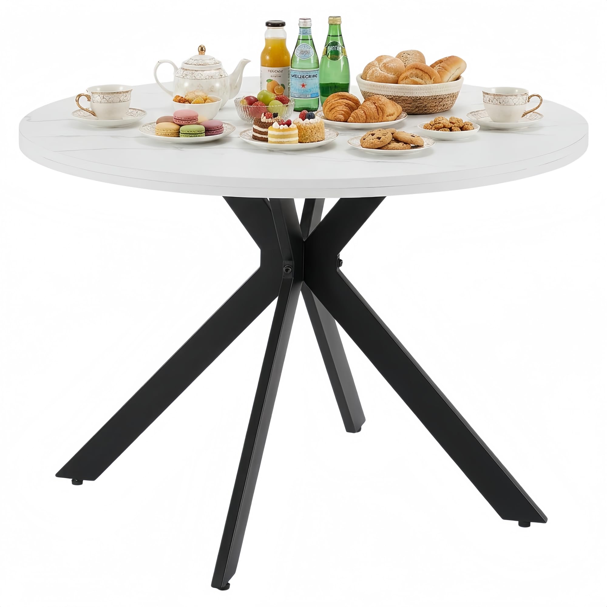 Table à Manger Ronde 100cm,Table de Cuisine en Bois Blanc Aspect Marbre,Salle à Manger,Cuisine,Ronde Bois,Plateau MDF Épaissi 3cm, pour 4-6 Personnes,100x100x75cm,Blanc