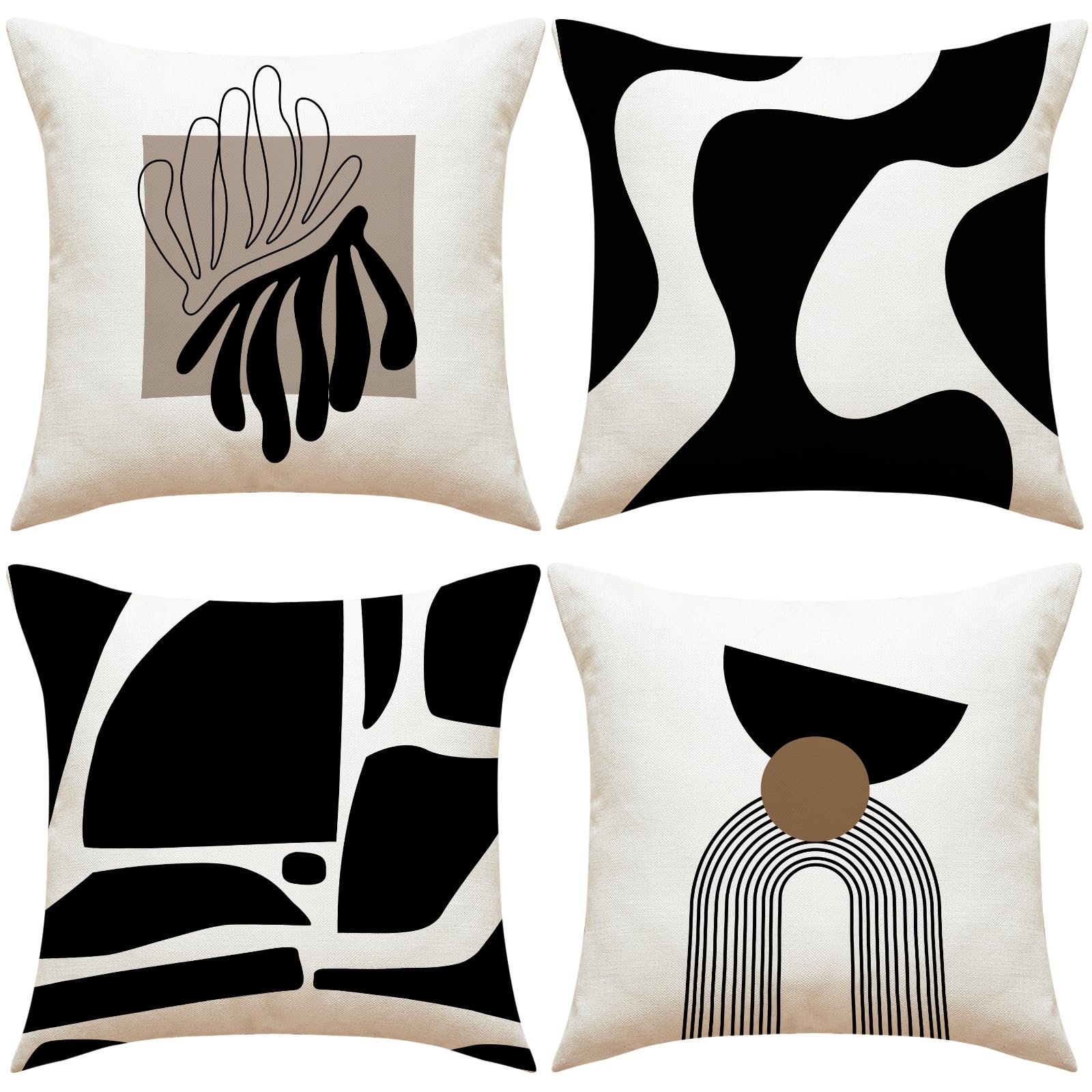 Cushion Covers 50cm x 50cm Set of 4 Black and White Abstract Patterned Decorative Throw Pillow Covers 20x20 inch, with Invisible Zipper Square Linen Pillow Cases for Sofa Bed Chair Living Room Decor