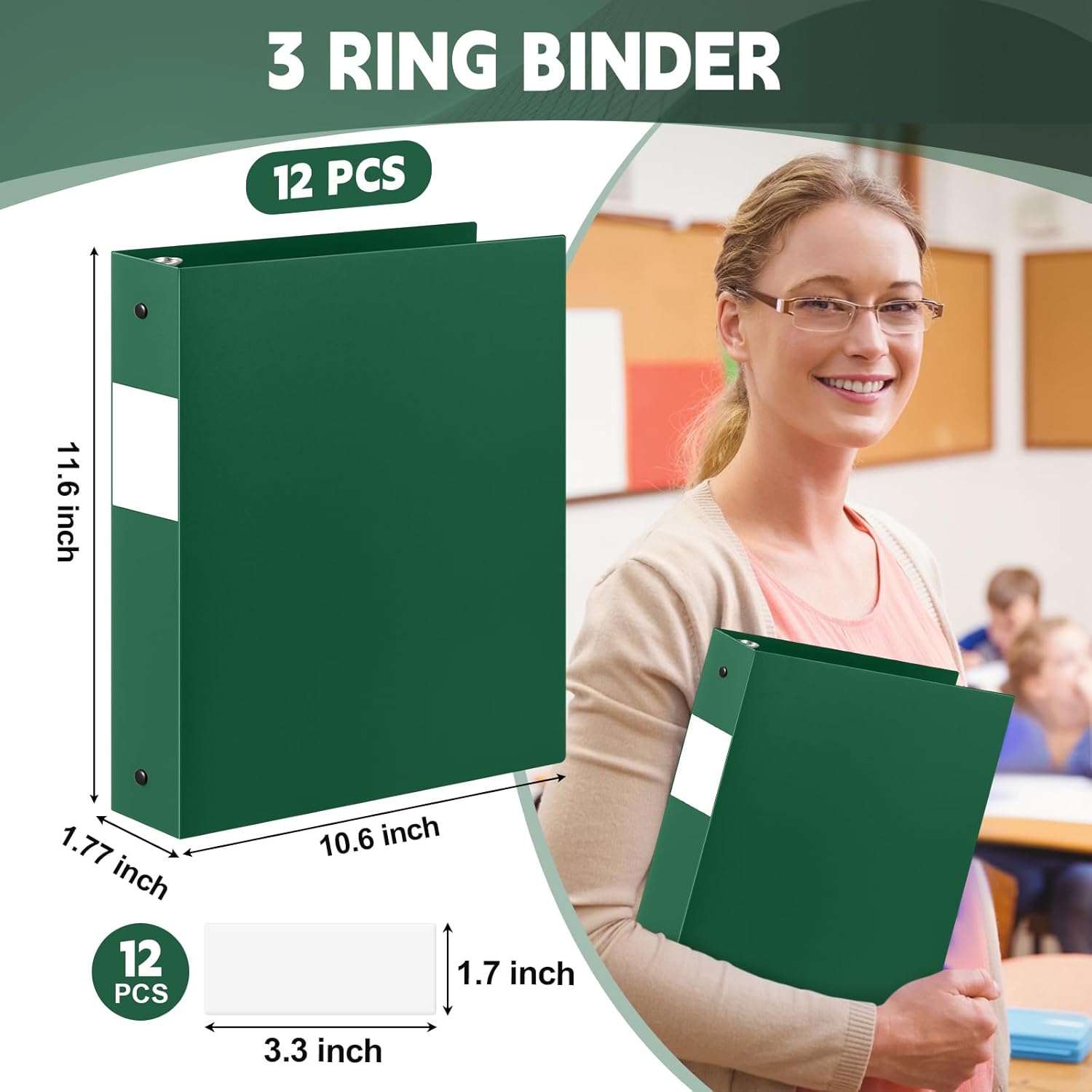 Henoyso 12 Pcs Dark Green 1.5 Inch 3 Ring Binder Bulk, Fits Letter Size 8.5'' x 11'' Paper, Holds 350 Sheets, 2 Pockets Plastic Binders Pack for School Office Home Organization, Press-to-Open Ring 12 Dark Green 1.5 Inch