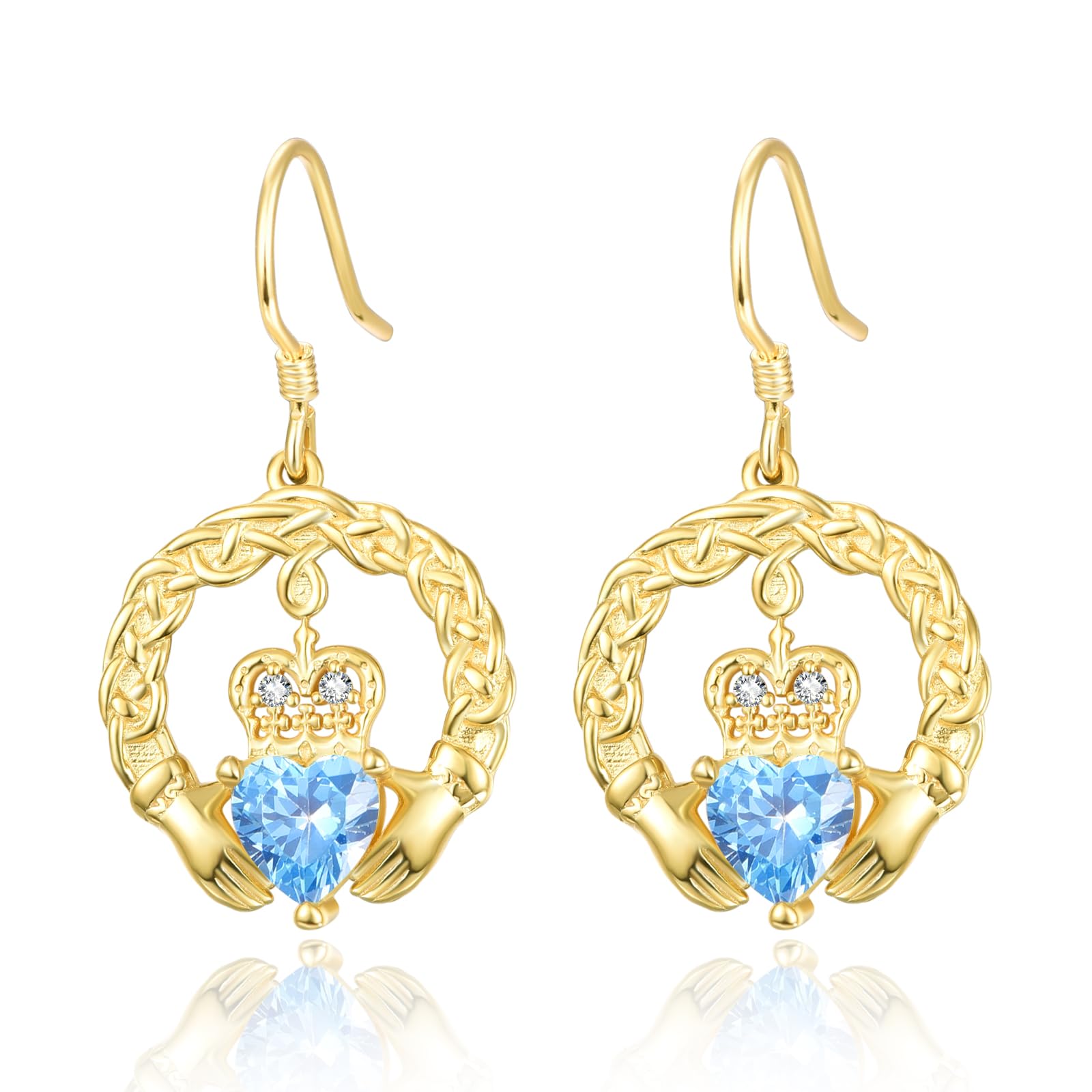 TANGPOET Claddagh Birthstone Earrings for Women 925 Sterling Silver 18K Gold Plated Irish Celtic Jewelry Valentines Christmas Birthday Gifts for Her