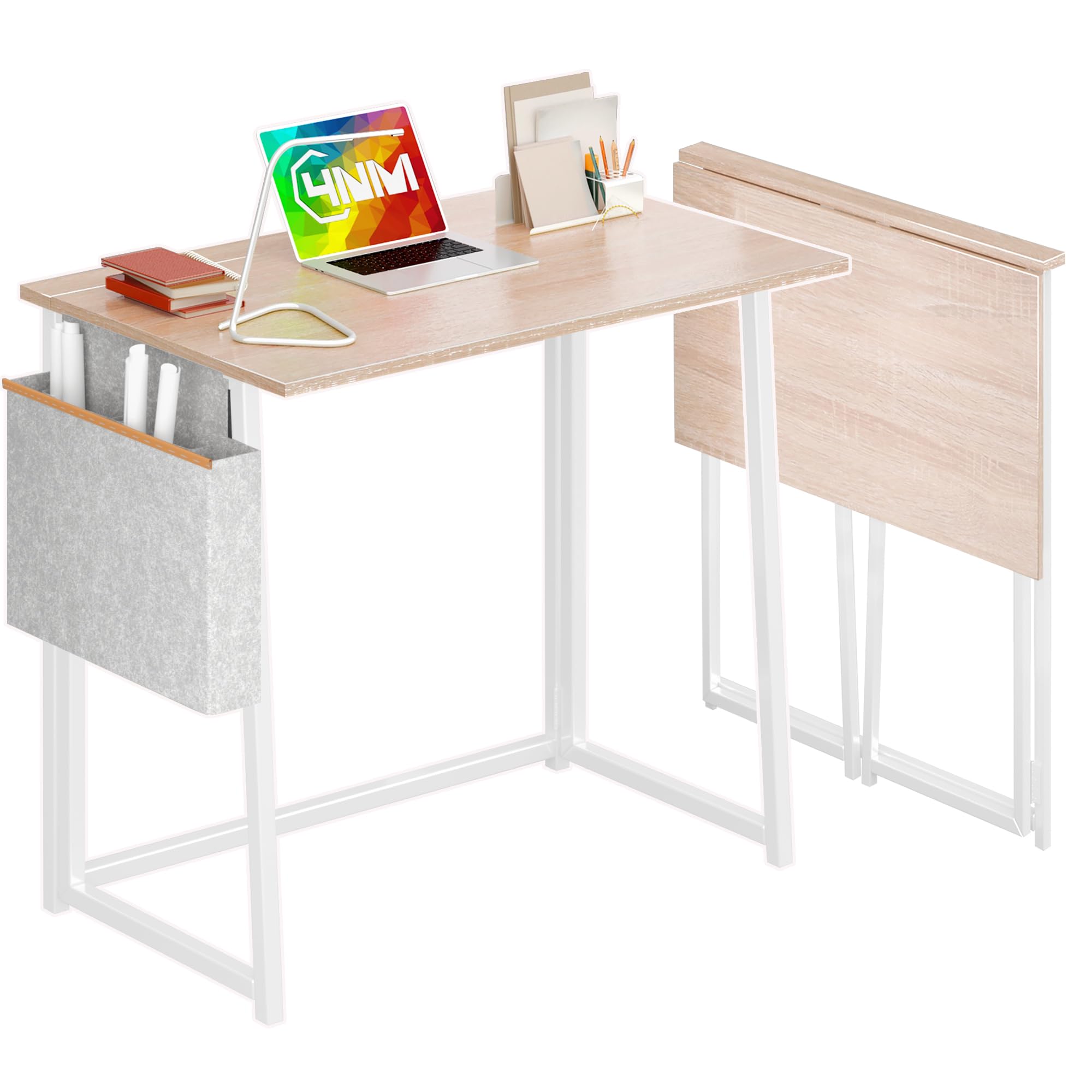 4NM 31.5" Small Desk with Storage Bag, Simple Assembly Folding Computer Desk Home Office Desk Study Writing Table for Small Space Offices - Natural and White