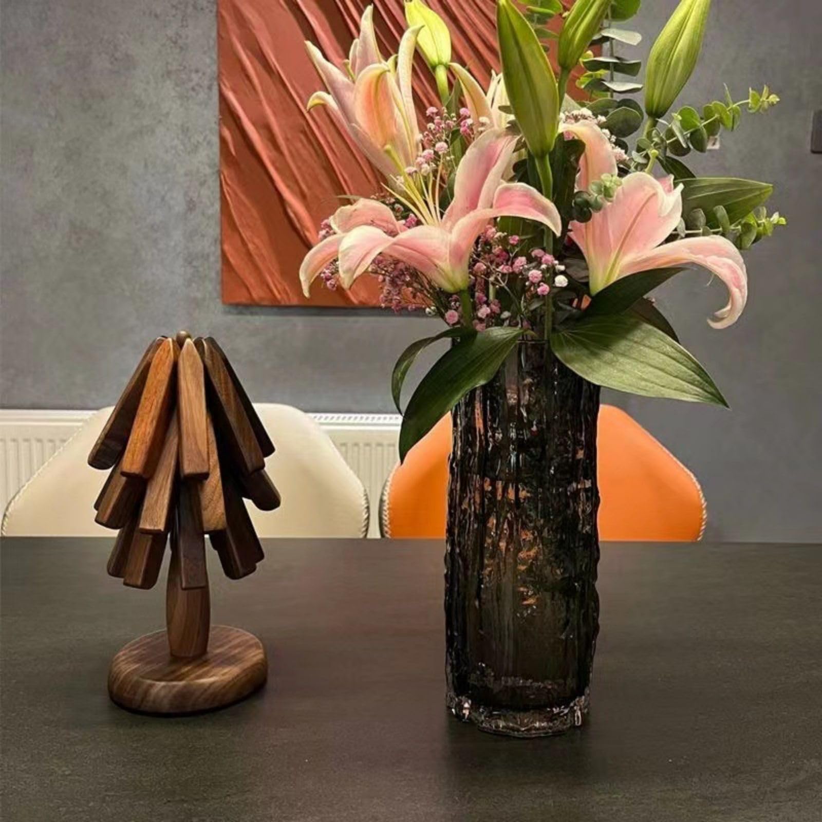 Dessous de plat arbre pliable design – Set bois de noyer – Antidérapant & résistant à la chaleur – Idéal salon, cuisine, bureau – Support théière multifonction – Accessoire maison décoratif