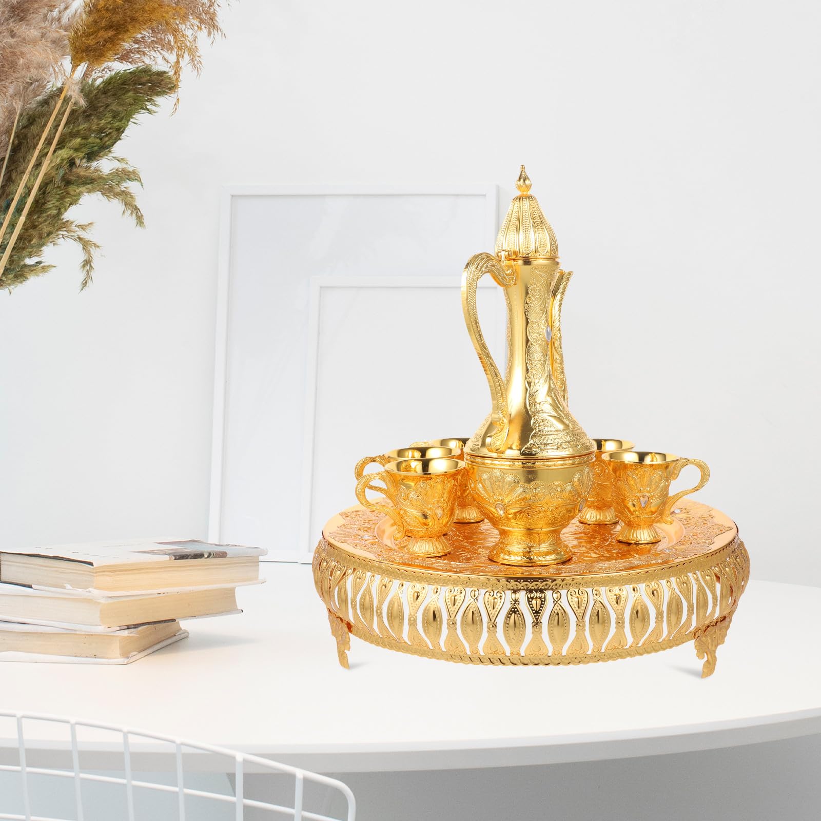 DECHOUS Kunstvoller Feiner Weinkessel aus Zinklegierung Vintage Topf mit 6 Goldenen Tassen Nicht Verblassend und Geruchsneutral Weinzubehör Geschenkset für Zuhause und Büro