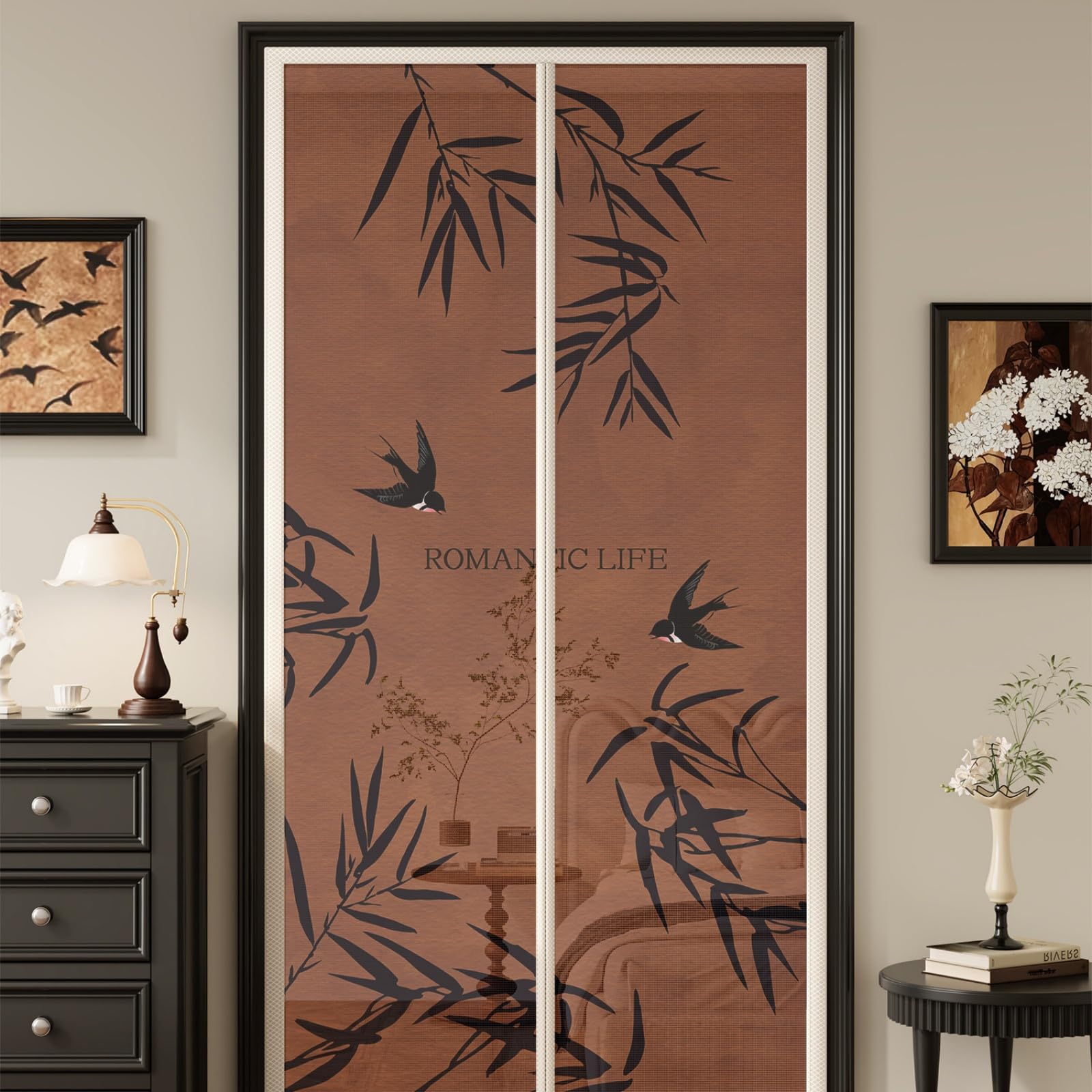 Moustiquaire porte magnétique Hixingo 80x210cm marron motif oiseau