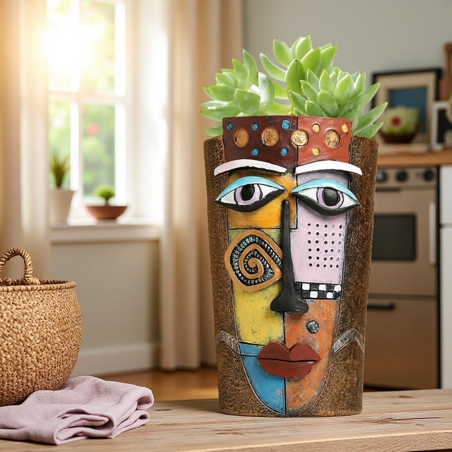 Picasso Abstract Face Flower Pot,Plant Pot with Facial Expressions,Handmade Resin Plant Pot with Drainage Holes,for Indoor and Outdoor Botanical Home décor (Brown Large)