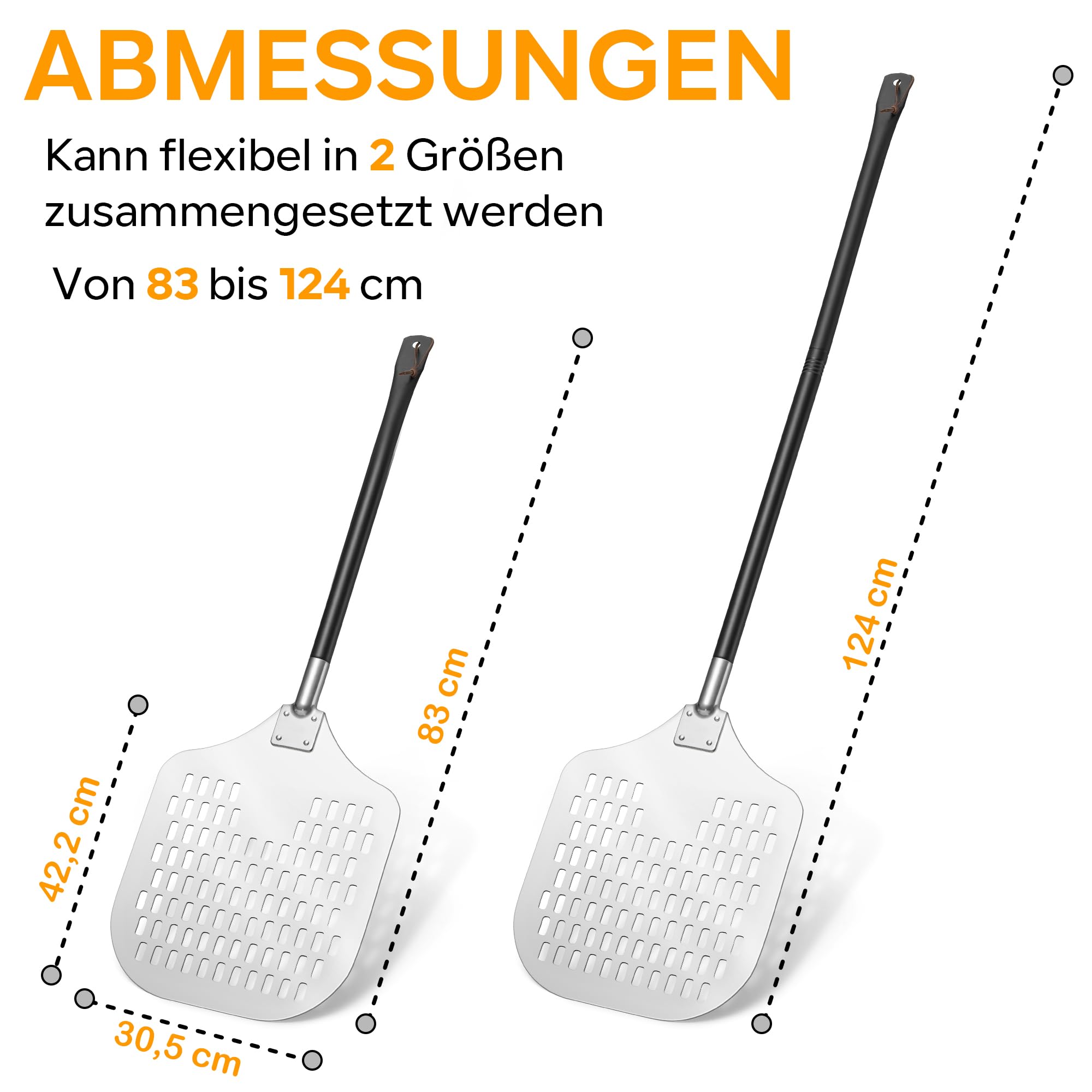 TEAMFAR Perforierter Pizzaschieber, 30,5 x 42 x 124 cm, Harteloxiertes Aluminium, leichtes Gleiten auf Pizzastein, rechteckig, großer Flächenanteil, abnehmbarer Griff