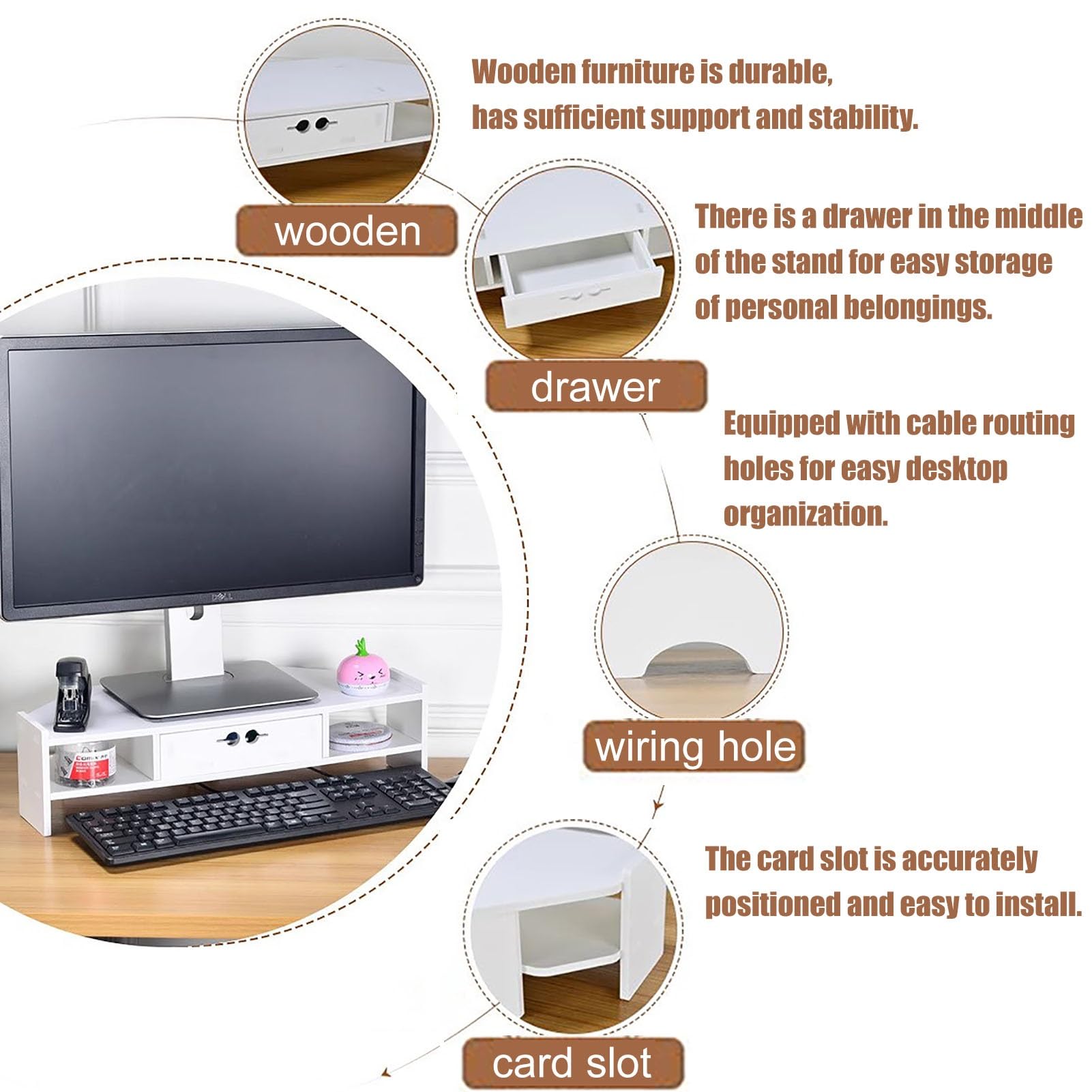 Stojak na Monitor Biały Stojak na Monitor na Biurko ze Schowkiem, Drewniany Stojak do Przechowywania Sprzętu Komputerowego do Organizera na Biurko, Stojak do Przechowywania Drukarki na Laptopa ( Color