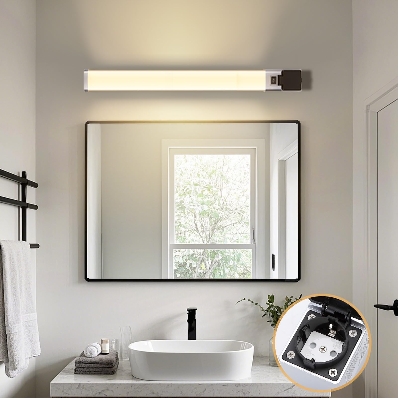 Aigostar Lámpara LED de Espejo con toma de corriente 66.5cm 15W 1350LM Lámpara de Baño 4000K Luz natural Lámpara LED de Pared IP44 230V Luz de Espejo de Baño de Blanco Apliques Espejo de Baño