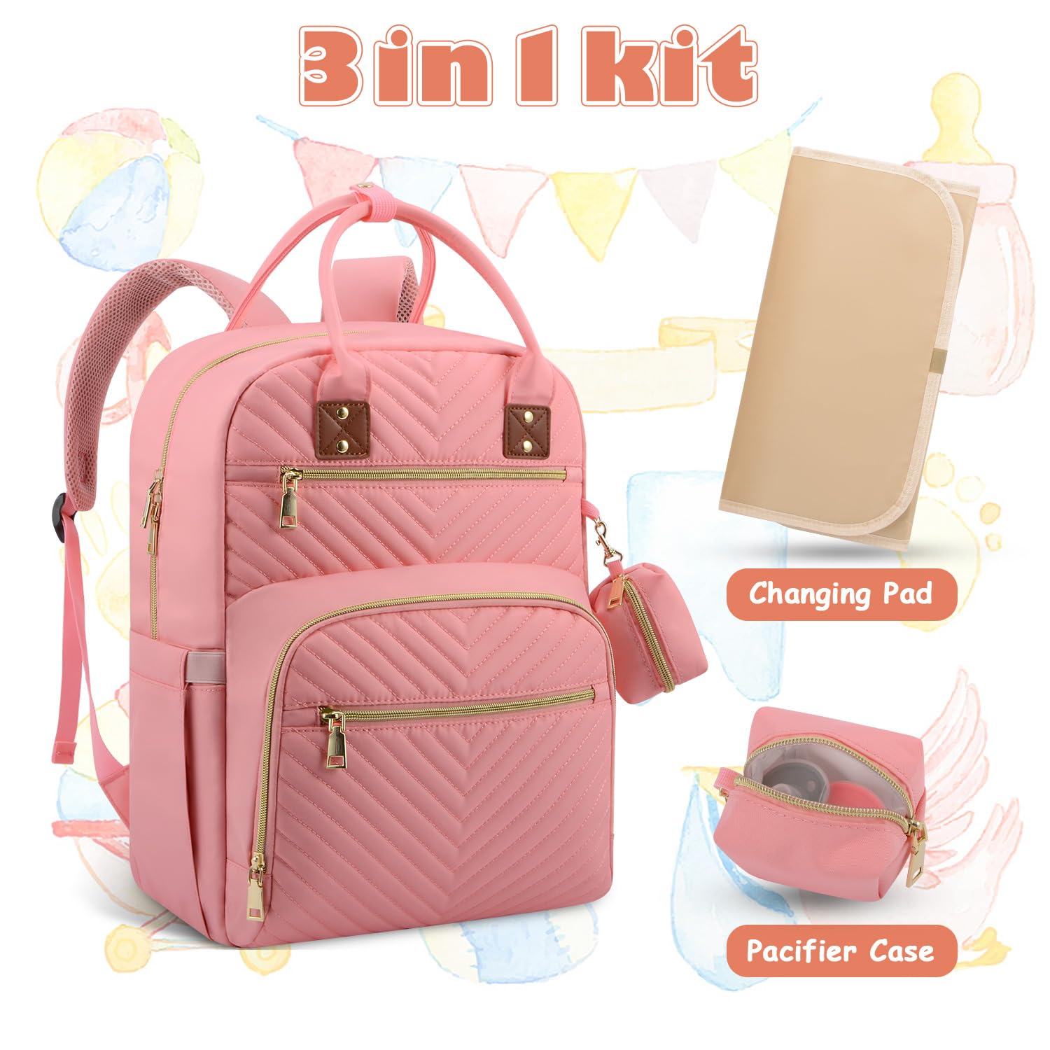 Baby Diaper Bag Backpack, Travel Diaper Bags for Baby Girl Boy Large Capacity Baby Bag Backpack for Women Light Pink - Image 3