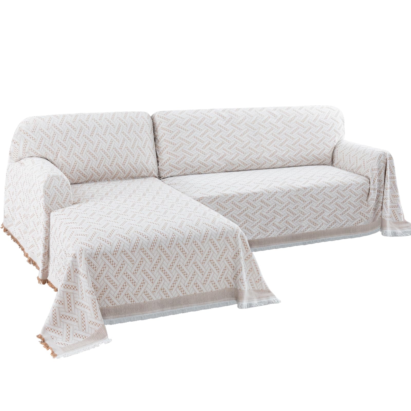 BellaHills Sectional Sofa Covers L Shape Couch Cover Washable 2 Pieces Non-Slip Slipcover for Sectional Sofa Feature Geometrical Woven Jacquard Fabric (160x280cm+180x300cm, Khaki/White)