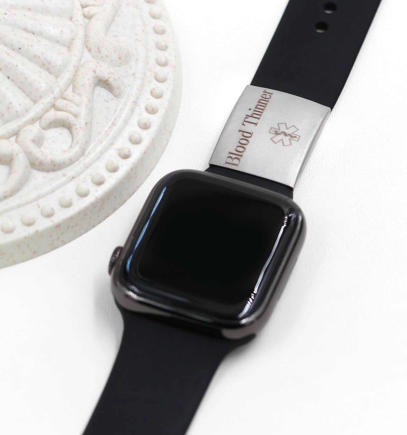 White Stainless Steel Blood Thinner Medical ID Tag | Unisex Engraved Health Alert Tag for Men's Women's Apple Watch Band YA4313