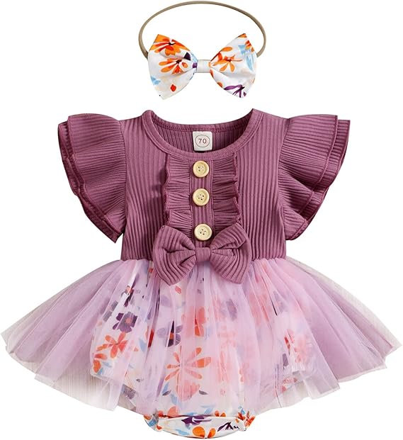 Amazon Co Jp ロンパース ベビー服 女の子 70 新生児 子供服幼児 は ヘッドバンド衣装でフライスリーブフローラルプリント新生児蝶結びリブチュールボディスーツをフリルします 新生児 新生児ベビー服 女の子 70 服 ファッション小物