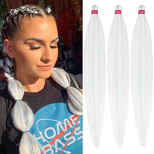 Miniatura 13 de Extensiones de cabello para trenzar preestiradas rosa con oropel de 26 pulgadas - 3 paquetes de trenzas sintéticas profesionales de ganchillo