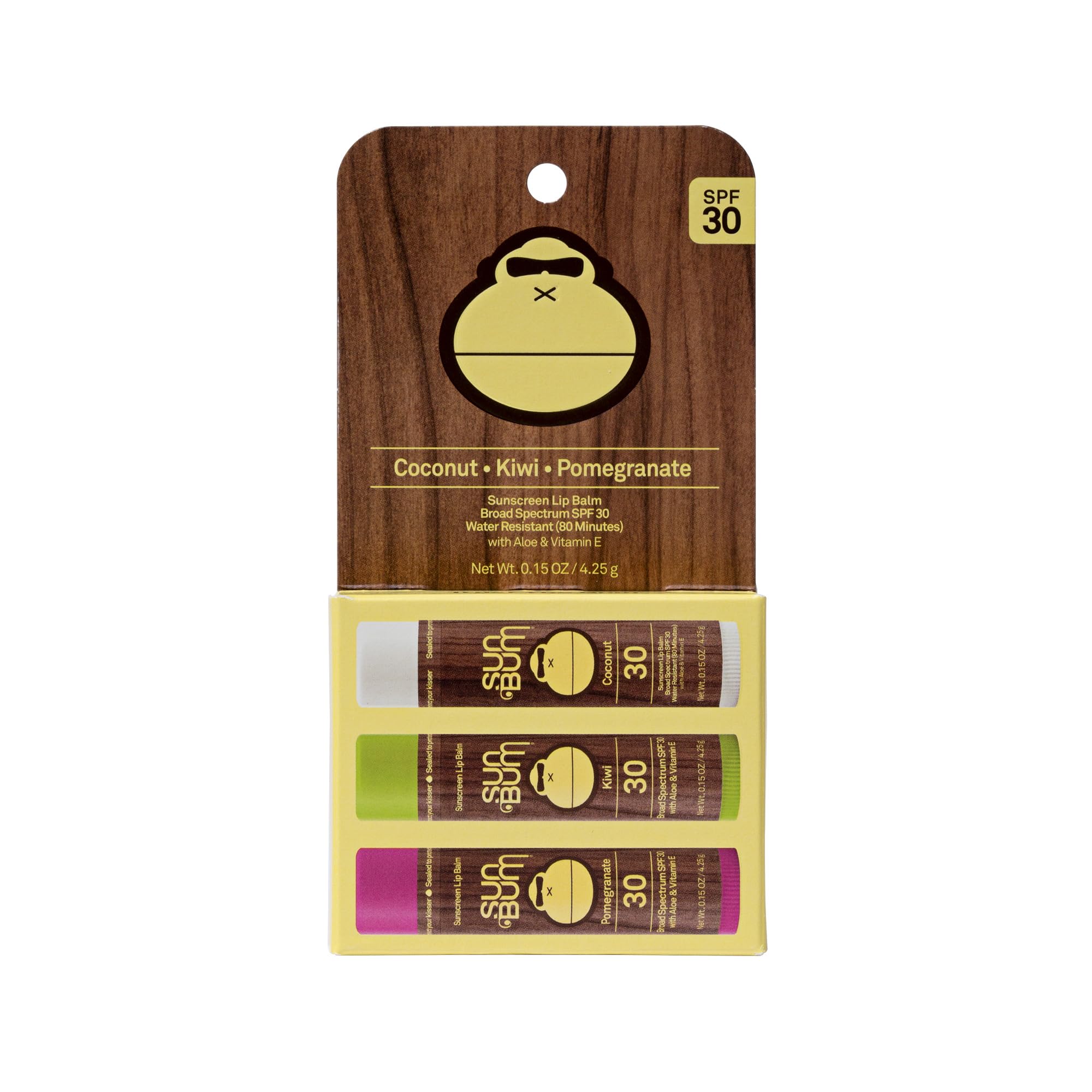 NEW Sun Bum SPF 30 Sunscreen Tropical Lip Balm 3 Pack - Pomegranate, Kiwi, Coconut - Moisturizing Aloe Vera and Vitamin E - Vegan - UVA/UVB Lip Protection - 0.15 oz, 3 count, Pomegranate, Kiwi, Coconut, 0.05 Ounce (Pack of 3)