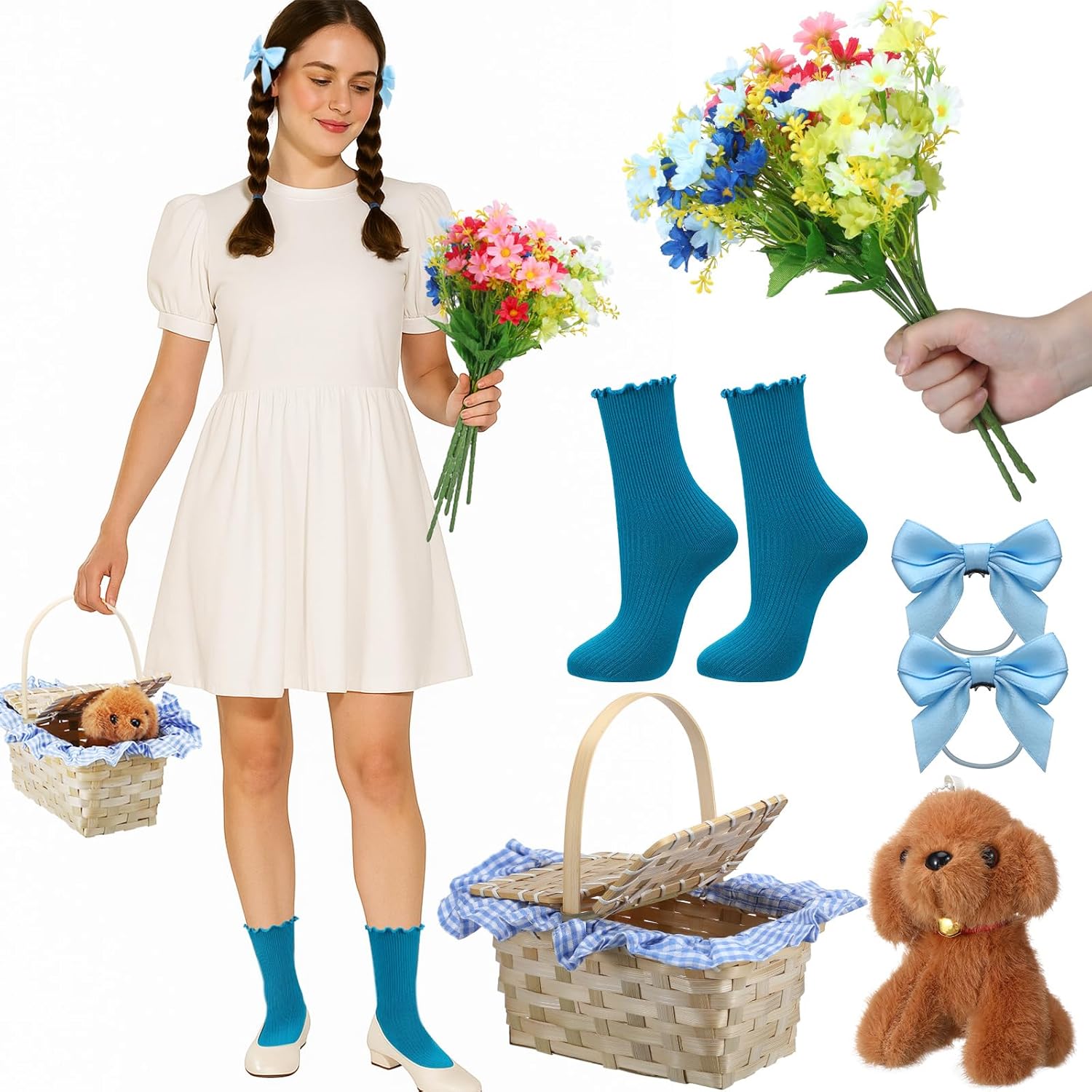 JenPen Halloween Costume Set for Women, Mini Picnic Basket Storybook with Mini Plush Dog, Blue Socks Hairband and Flowers, Book Character Costumes Dress Outfits Accessories
