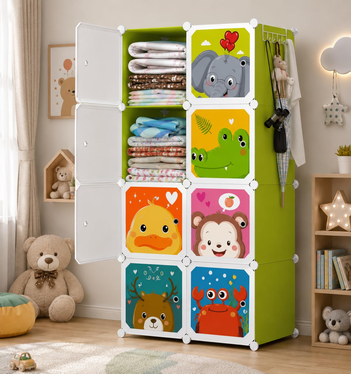 Rainspire Kids Cartoon Wardrobe Closet | Modular Plastic Almirah for Baby & Kids | Multi-Layer Storage Cabinet with Hanging Rod | Plastic Almirah for Nursery & Bedroom - (Dark Green)-image-38