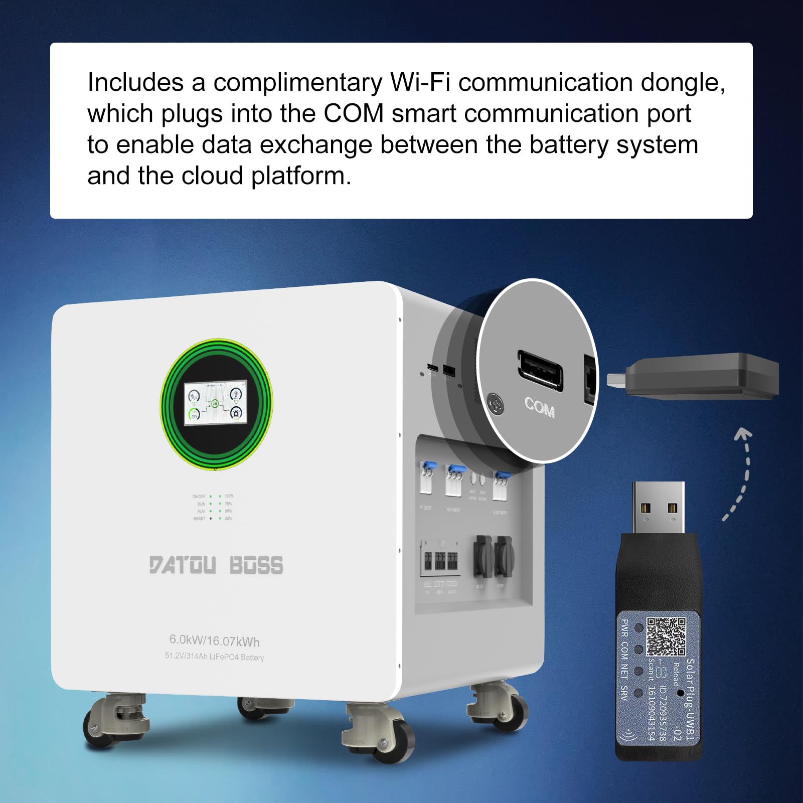 DATOUBOSS 6000W Hybrid Wechselrichter+48V 314Ah 16.07 kWh LiFePO4 Batterie All-in-One,9000W PV Eingang,ausgestattet mit WiFi-Modul,unterstützt APP-Fernüberwachung,8000+ Ladezyklen,Plug & Play
