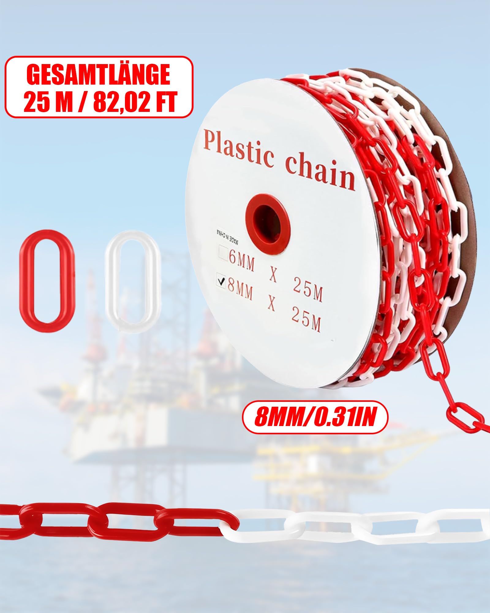 Chaîne de barrière en plastique rouge et blanc - 25 m - 8 mm d'épaisseur - Chaîne pour barrières | Chaîne d'avertissement légère pour allées, lieux de travail et garages, bien visible et facile à monter
