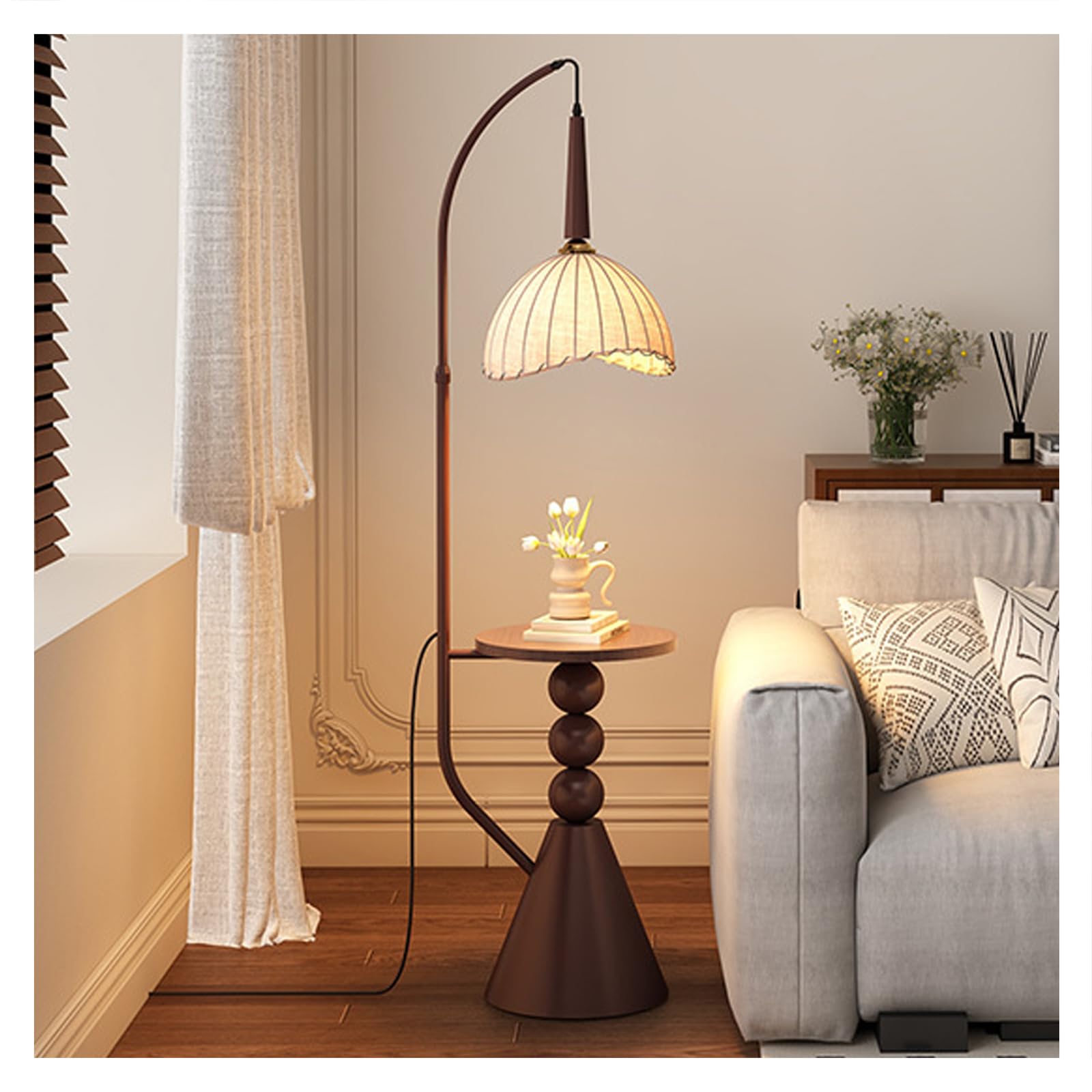 Nowoczesna lampa podłogowa ze stolikiem bocznym, lampa stojąca z przełącznikiem nożnym, do sypialni lub salonu, stylowe nastrojowe oświetlenie, regulowana wysokość, łatwy montaż