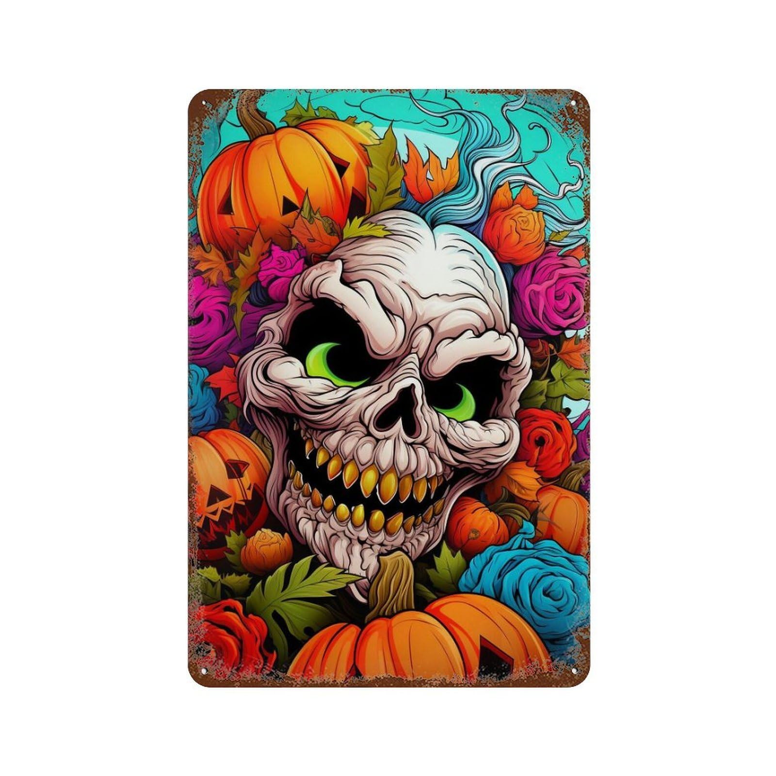 Vintage Rust Metal Sign Halloween Skull with Pumpkins 11.8"x7.9", Vintage Wall Decor for Office, Studio And Wall Decor