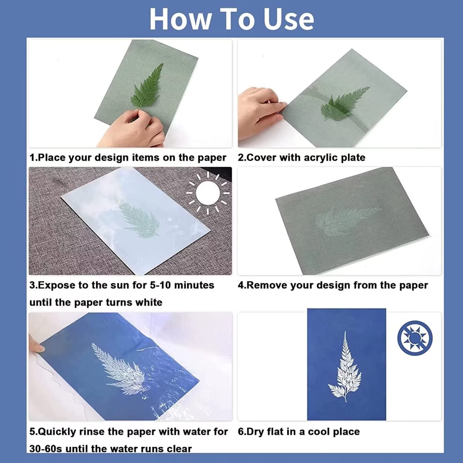 runrayay Cyanotype Sun Print Paper Kit, 32 Sheets Cyanotype Papers with 1 Sheet Acrylic Panel - Image 3