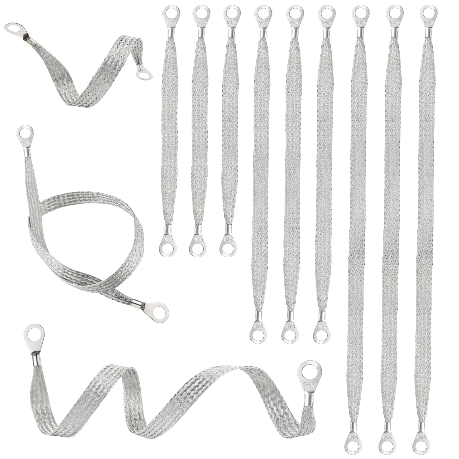 12 correas de tierra para automóviles, 10/15/20 pulgadas trenzadas de cobre estañado con terminales de anillo, kit universal de correa de cable de tierra para vehículo de motor para la mayoría de los