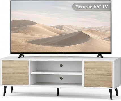 YESHOMY Modern TV Stand for 65" Television, Entertainment Center with Two Storage Cabinets and Open Shelves, Retro Style Media Console for Living Room, Bedroom, Office, 58 Inch, Light Beige