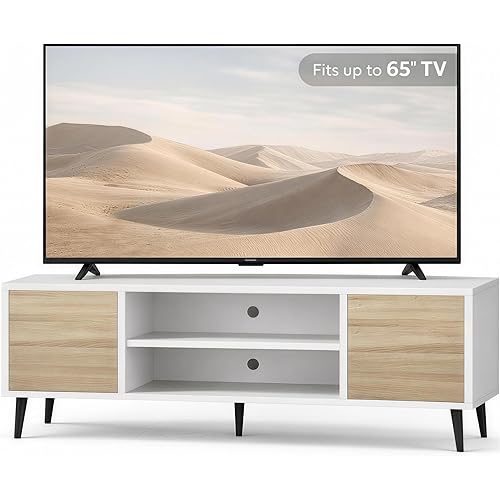 YESHOMY Modern TV Stand for 65" Television, Entertainment Center with Two Storage Cabinets and Open Shelves, Retro Style Media Console for Living Room, Bedroom, Office, 58 Inch, Light Beige