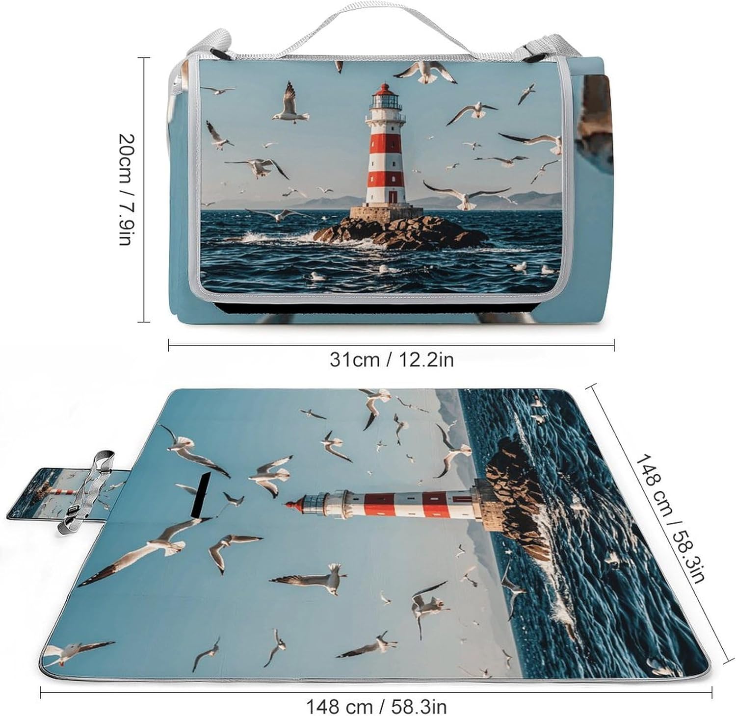 Outdoor Picnic Blanket Extra Large Beach Blanket Waterproof Picnic Mat Lighthouse Flying Seagulls Camping Blanket Portable with Carry Strap Park Blanket for Grass Camping Park