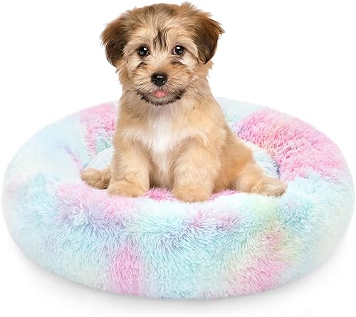Miniatura 8 de NOYAL Cama calmante en forma de dona para perros y gatos pequeños a medianos. Cama para mascotas de pelo sintético de felpa antiansiedad con funda