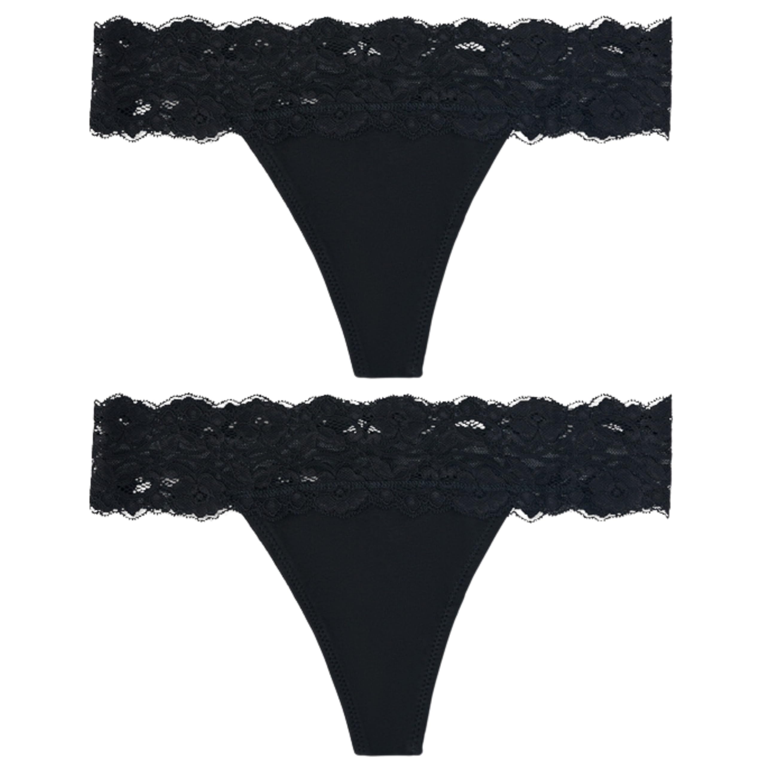 VPSKWomen's Thong Underwear - 2 Pack Microfiber Stretch Lace Panties Soft & Sexy Lingerie for Women/Soft lace Waistband/G String Thong Panty/lace Waist Thong| Set of 2 Black-image-14