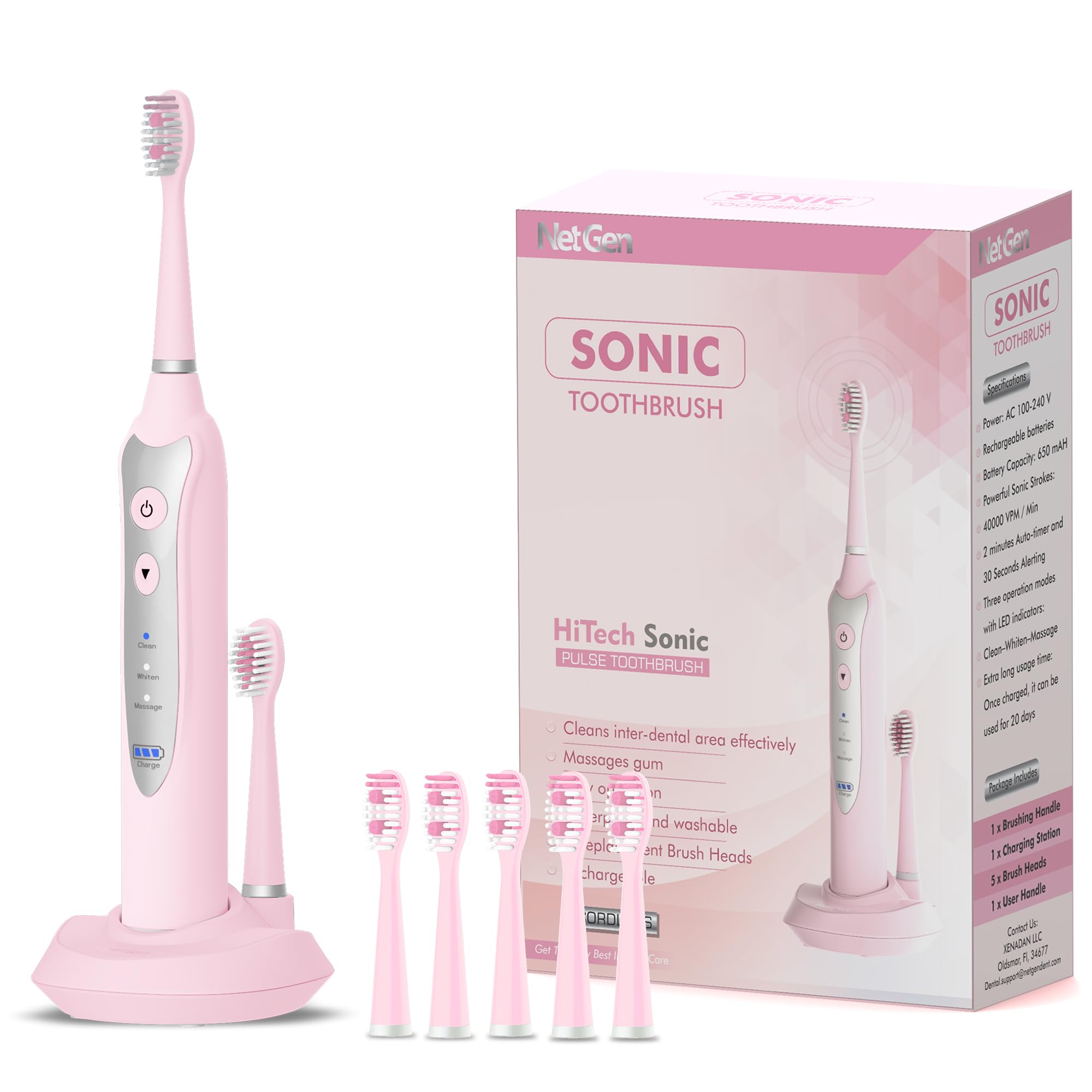 Sonic Elektrische Zahnbürste für Erwachsene mit 5 Zahnbürsten-Ersatzköpfen, 3 Putzmodi & 2 Minuten eingebautem Timer, Reisezahnbürsten mit induktiver Aufladung, wiederaufladbare Zahnbürste | Rosa