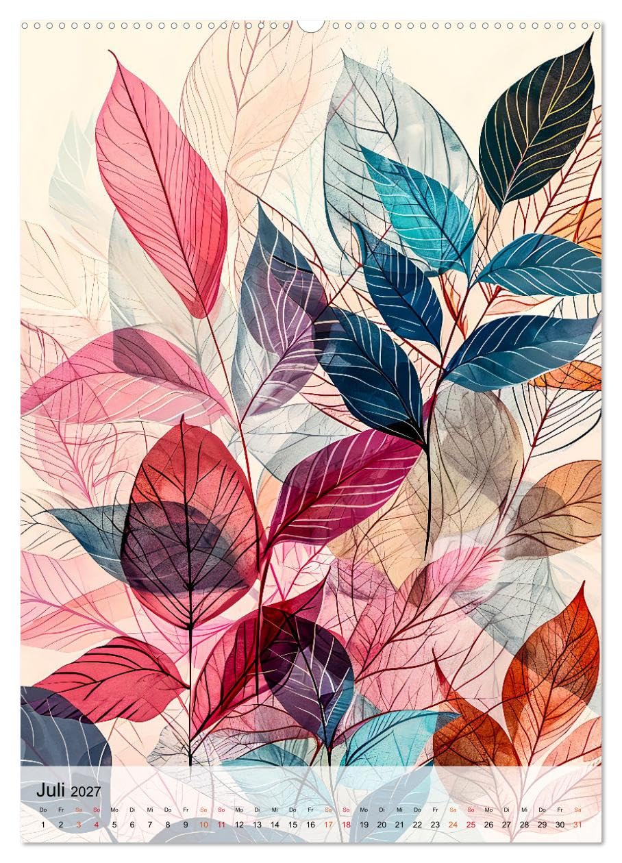 CALVENDO - Blätterwelten - Blattmotive in modernen Pasteltönen (hochwertiger Premium Wandkalender 2027 DIN A2 hoch), Kunstdruck in Hochglanz: Blattadern und Linien - Aquarellkunst von Farnkraut, Ahorn