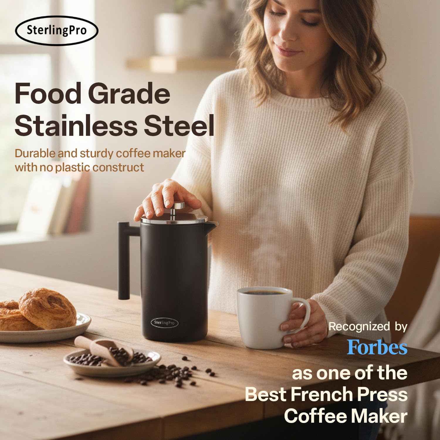SterlingPro French Press Coffee Maker-Double Walled Large Coffee Press with 2 Free Filters- Granule-Free Coffee, Stylish Rust Free Kitchen Accessory-Stainless Steel French Press (1L, Black)