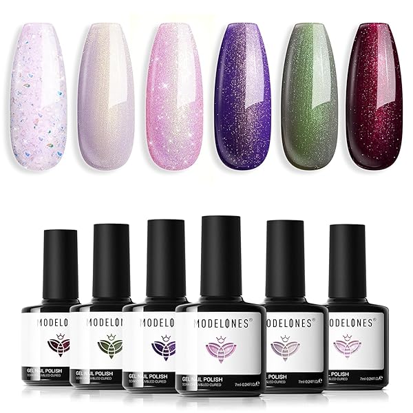 modelones Gel Nail Polish Set - 6 Colors Chameleon Aurora Shimmer Glitter Gel Polish Kit Pink Purple Green Burgundy Gel Polish All Seasons Soak Off LED Nail Lamp Nail Art Gel Kit DIY Salon Gift