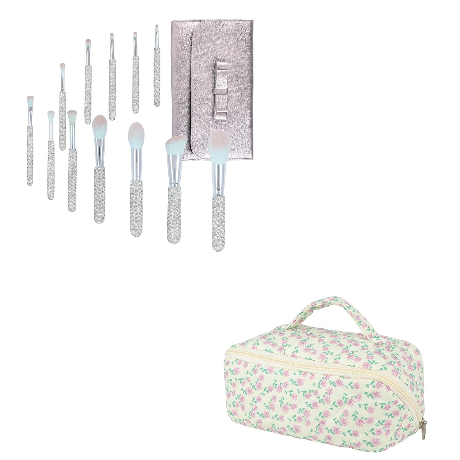 Bling Makeup Brushes 12PC with Clutch & Flower Makeup Bag