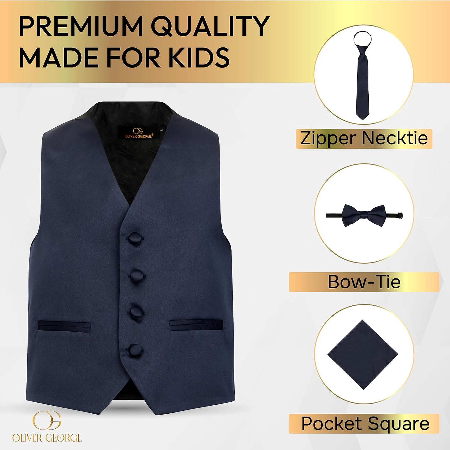 Oliver George Boy's 4-Piece Solid Formal Suit Vest Set, Zipper Tie, Clip-On Bow Tie & Pocket Square Kids Vest Set