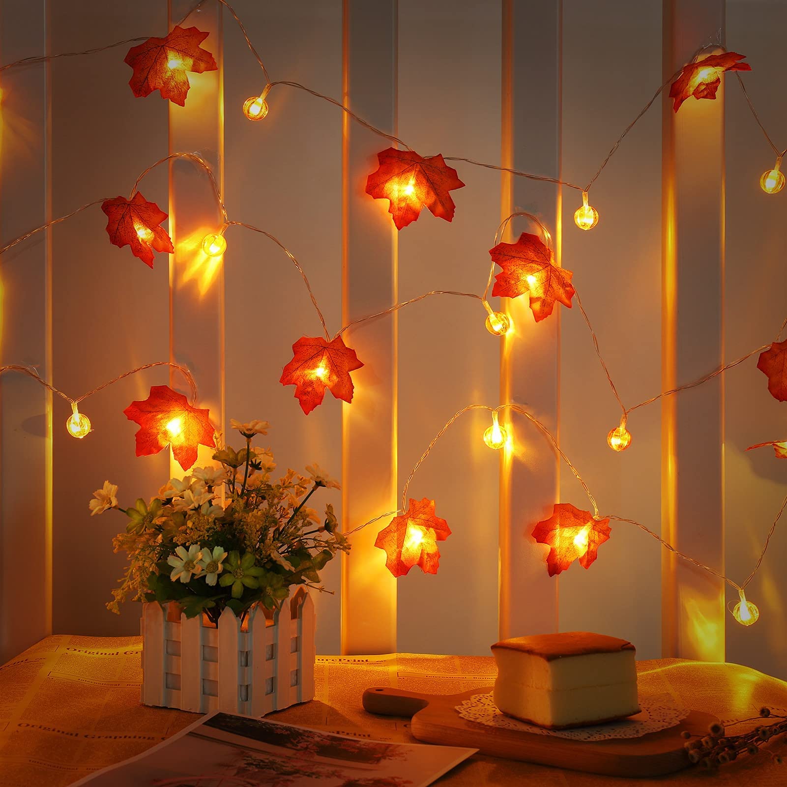 Foglie di Acero Luci, Decorazioni Autunnali Ghirlanda di Foglie, 6M/40 LED Stringa di Luce con 4 Ganci, USB Ricaricabile Ghirlanda di Foglie Luci per Decorazioni di Halloween, Ringraziamento, Natale