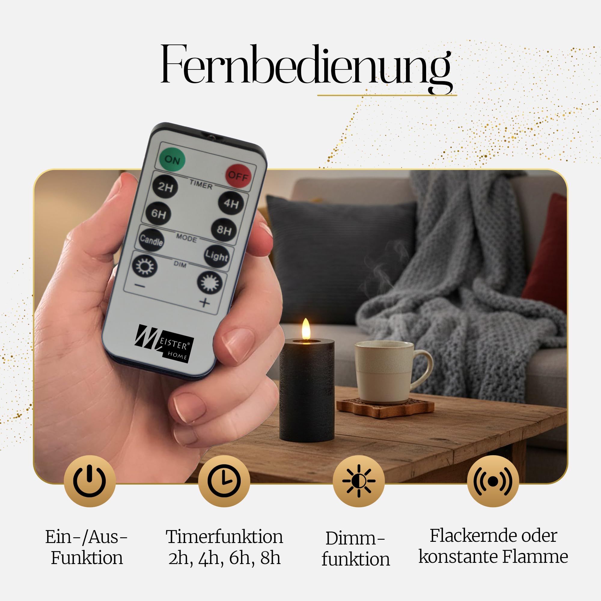 Meisterhome® LED-Kerzen 5er-Set Flammenlos Schwarz – Ø7 cm, Höhen 10/12,5/15 cm – Stumpenkerzen mit Fernbedienung & Timer – warmweißes Licht – flackernde Flamme – Rustik-Design – batteriebetrieben
