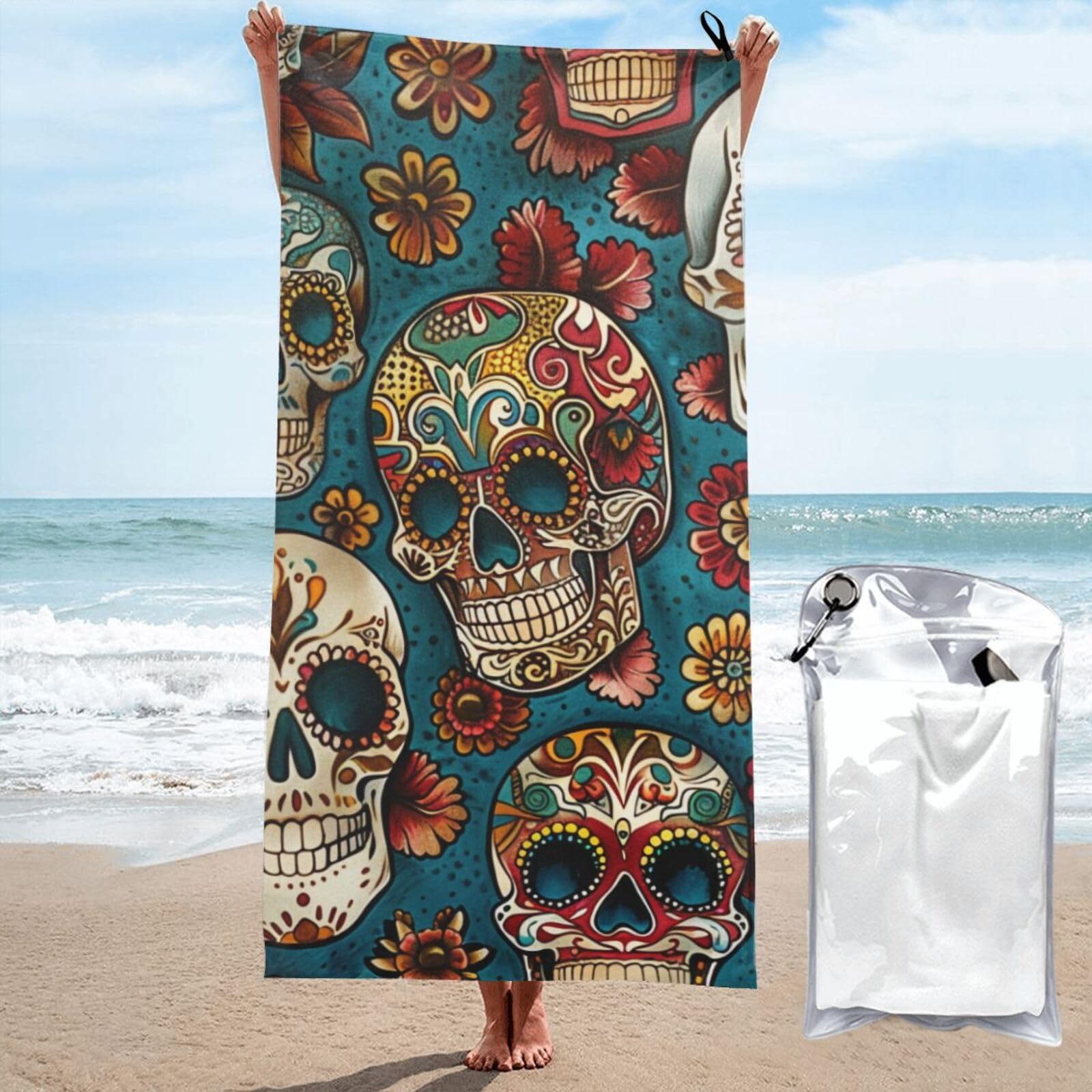 kkvhhyuo Microfiber Beach Towel, Sugar Skulls Print Printed Lightweight Quick Dry Travel Bath Sheet with Compact Carry Bag for Swimming Yoga Camping Gym,27.5"x55"