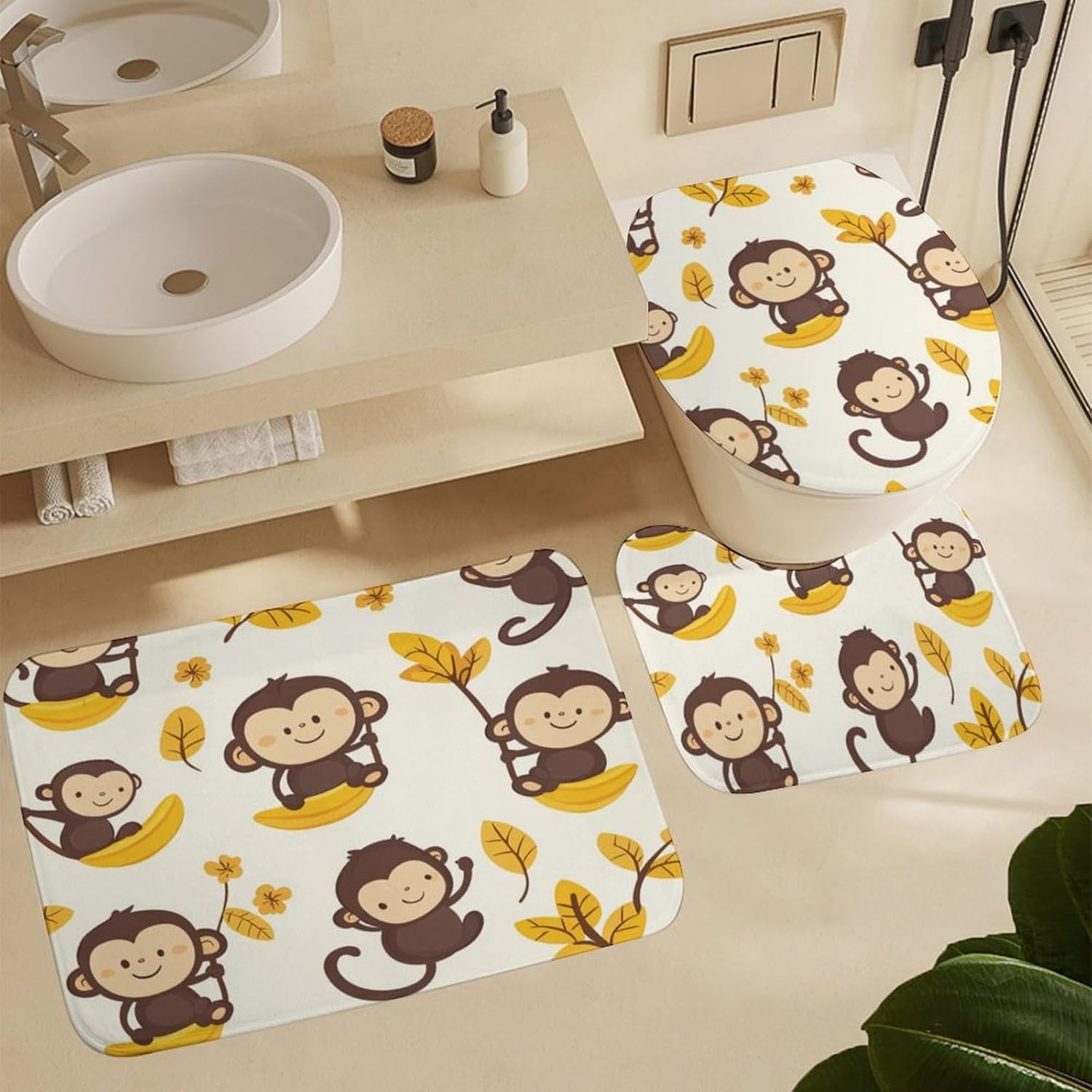 4Pcs Funny Cartoon Monkey Shower Curtain Sets, Bathroom Decor Set with Rugs, Bath Mat Cute Animal Foliage Floral Shower Curtain, 72 X 72 Inch