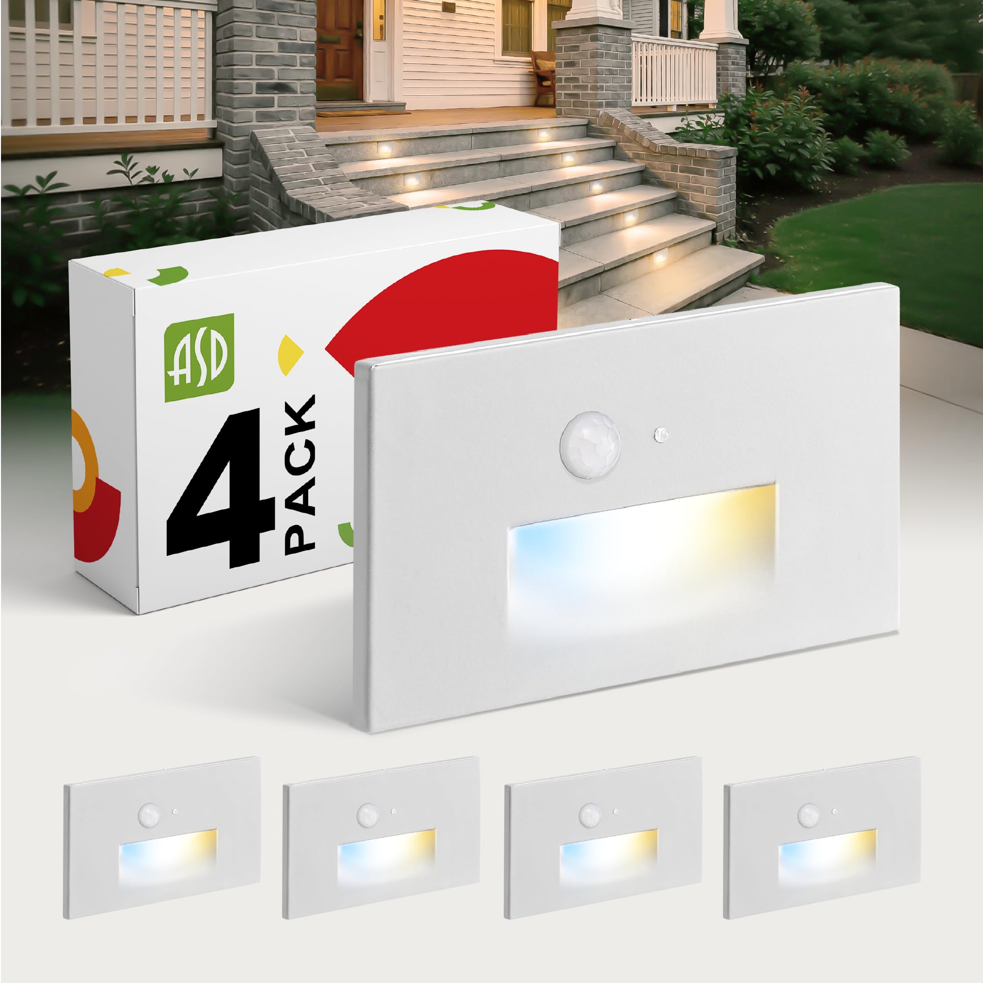 ASD LED Recessed Step Light Fixture, Dusk to Dawn Outdoor Tread Lighting | 3CCT, Motion Sensor, Photocell, Waterproof, ETL Listed | 3W 120LM 3000K-5000K 120V | Staircase Illumination | White, 4 Pack