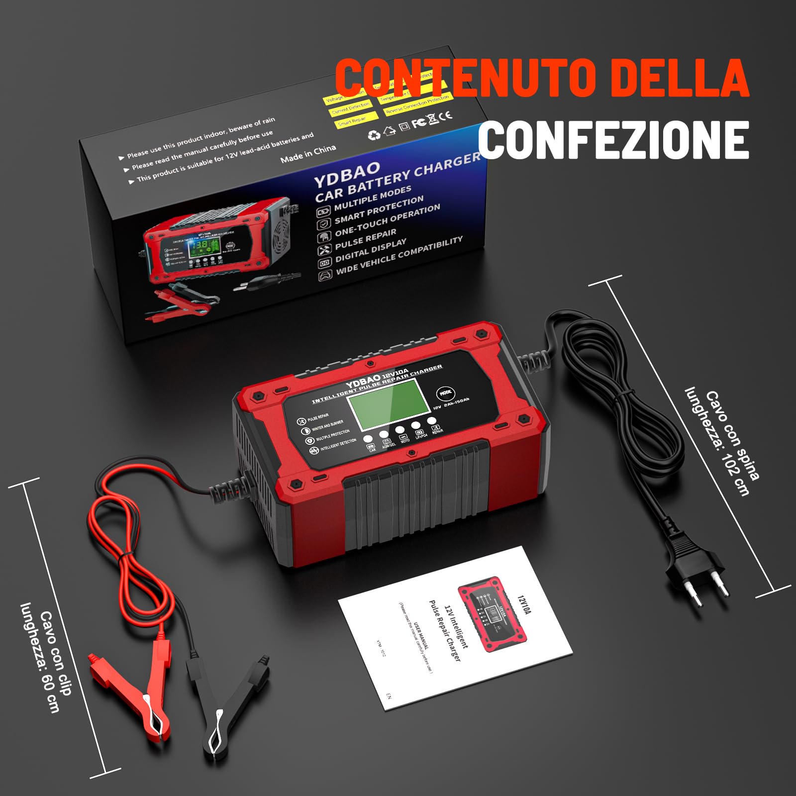 YDBAO Caricabatterie Auto 10A 12V Multi Protezioni Carica Batteria per Auto Intelligente Mantenitore di Carica Auto Moto con Schermo LCD per Moto, Barche, Auto, Batteria AGM, LiFePO4
